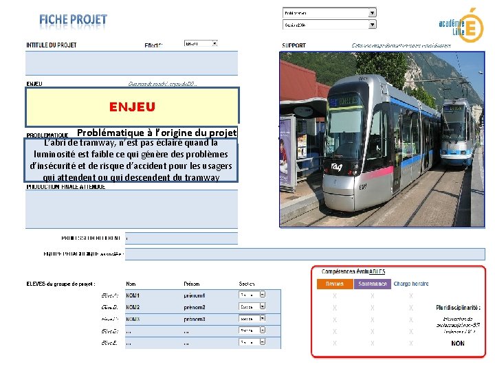 ENJEU Problématique à l’origine du projet L’abri de tramway, n’est pas éclairé quand la