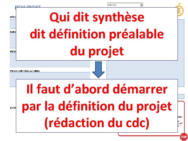 Qui dit synthèse dit définition préalable du projet Il faut d’abord démarrer par la