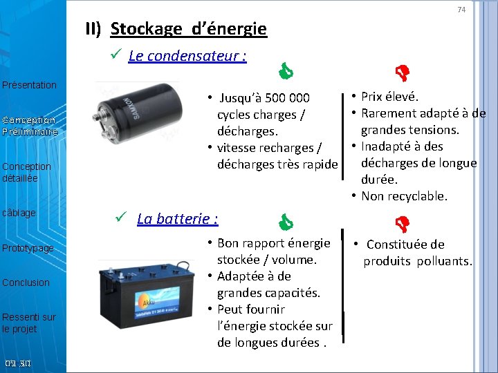 74 II) Stockage d’énergie ü Le condensateur : Présentation Conception Préliminaire Conception détaillée câblage
