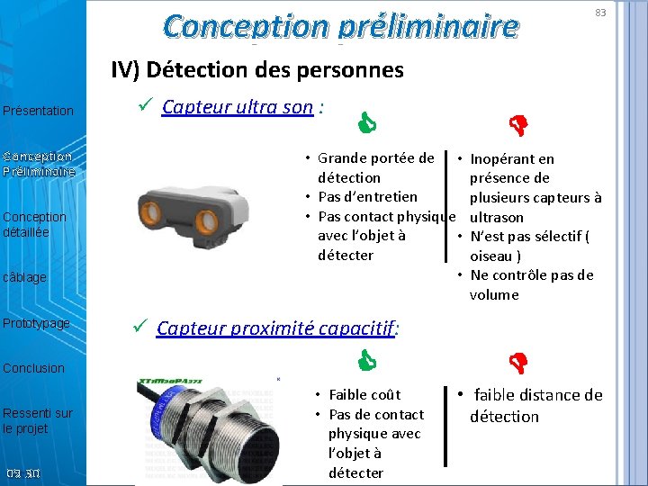 Conception préliminaire 83 IV) Détection des personnes Présentation Conception Préliminaire Conception détaillée câblage Prototypage