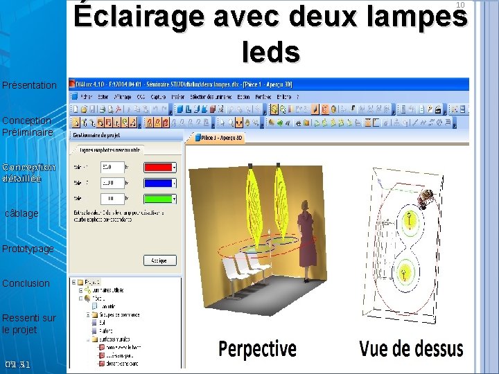 Éclairage avec deux lampes leds 10 0 Présentation Conception Préliminaire Conception détaillée câblage Prototypage