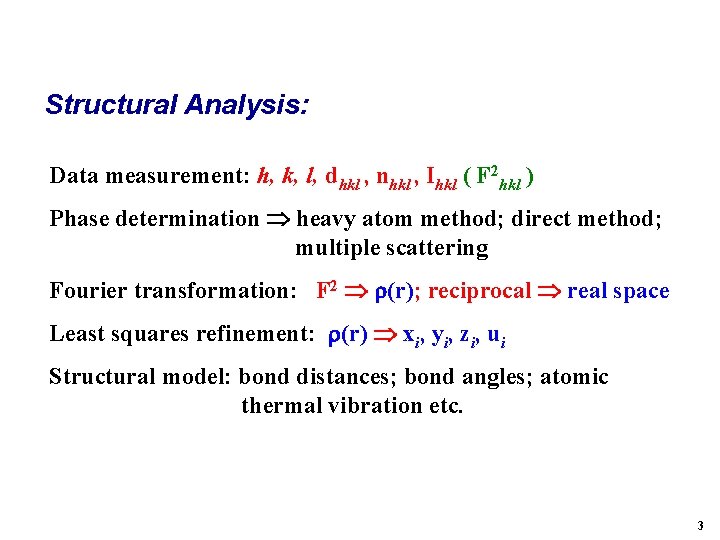 Structural Analysis: Data measurement: h, k, l, dhkl , nhkl , Ihkl ( F