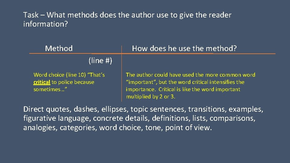 Task – What methods does the author use to give the reader information? Method