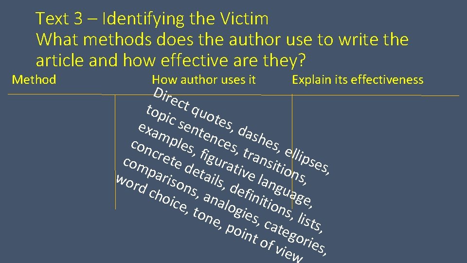 Text 3 – Identifying the Victim What methods does the author use to write