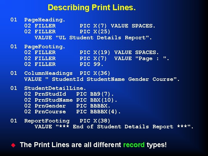 Describing Print Lines. 01 Page. Heading. 02 FILLER PIC X(7) VALUE SPACES. 02 FILLER