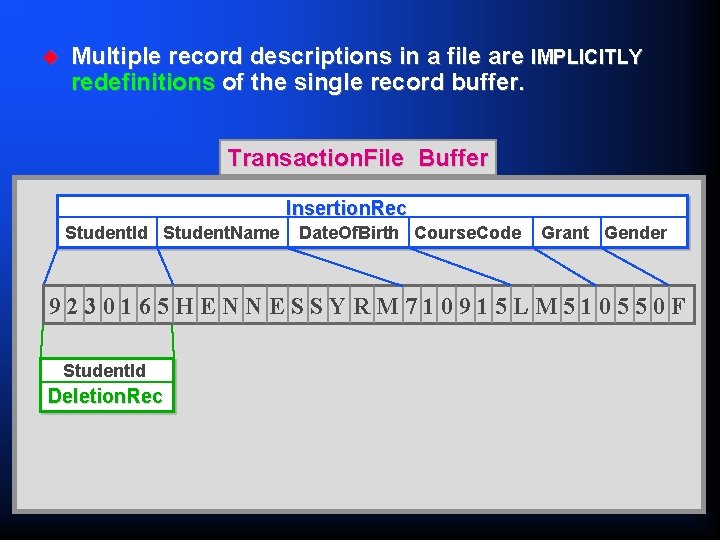 u Multiple record descriptions in a file are IMPLICITLY redefinitions of the single record