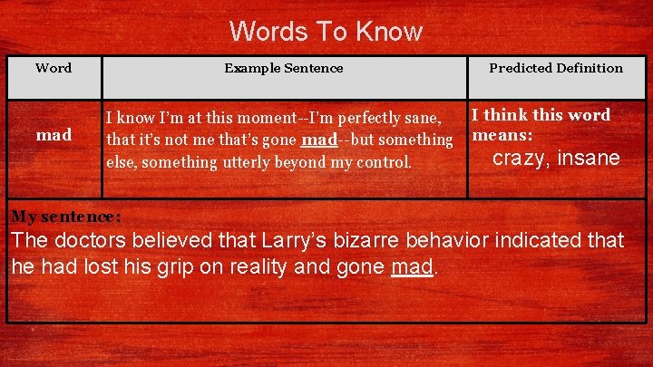 Words To Know Word mad Example Sentence I know I’m at this moment--I’m perfectly