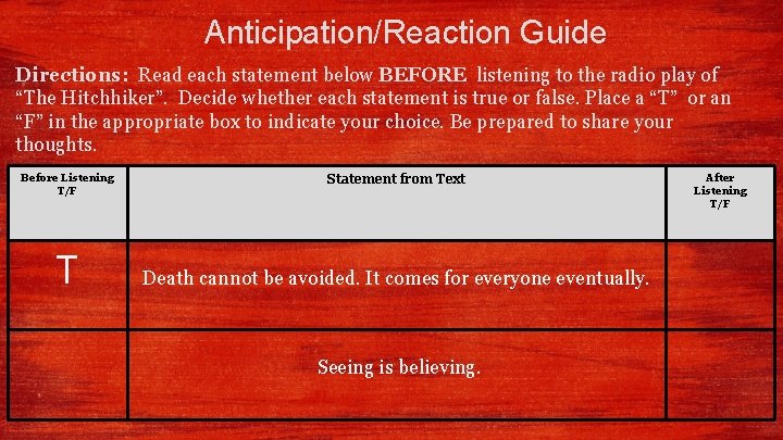 Anticipation/Reaction Guide Directions: Read each statement below BEFORE listening to the radio play of