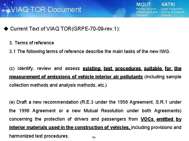 MOLIT VIAQ TOR Document Ministry of Land, Infrastructure and Transport KATRI Korea Automobile Testing