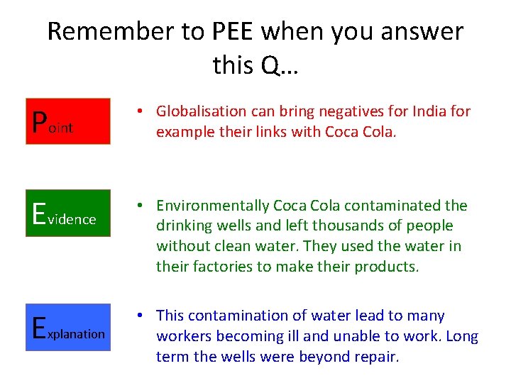 Remember to PEE when you answer this Q… Point • Globalisation can bring negatives