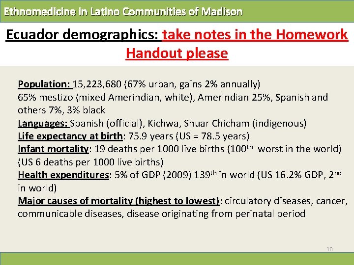 Ethnomedicine in Latino Communities of Madison Ecuador demographics: take notes in the Homework Handout