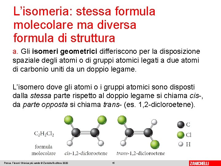 L’isomeria: stessa formula molecolare ma diversa formula di struttura a. Gli isomeri geometrici differiscono L’isomeria: stessa formula molecolare ma diversa formula di struttura a. Gli isomeri geometrici differiscono