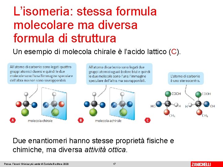 L’isomeria: stessa formula molecolare ma diversa formula di struttura Un esempio di molecola chirale L’isomeria: stessa formula molecolare ma diversa formula di struttura Un esempio di molecola chirale
