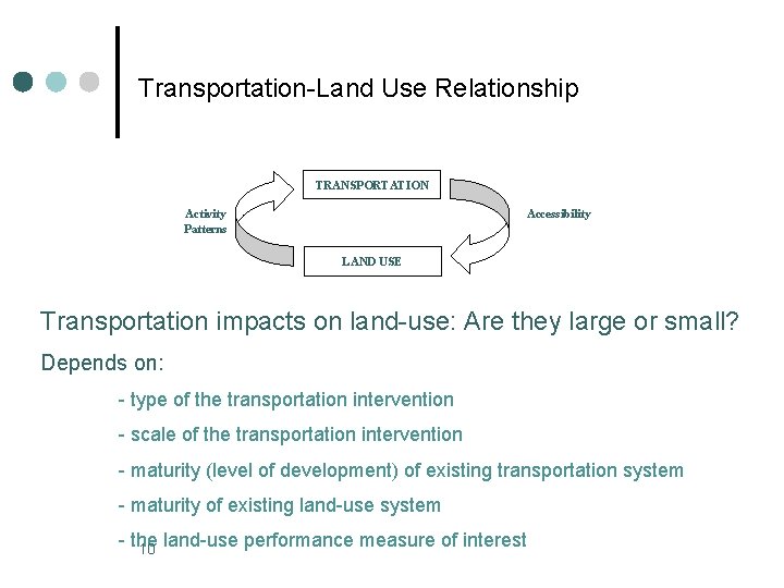 Transportation-Land Use Relationship TRANSPORTATION Activity Patterns Accessibility LAND USE Transportation impacts on land-use: Are