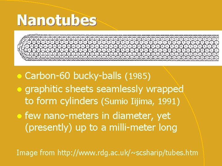 Nanotubes Carbon-60 bucky-balls (1985) l graphitic sheets seamlessly wrapped to form cylinders (Sumio Iijima,