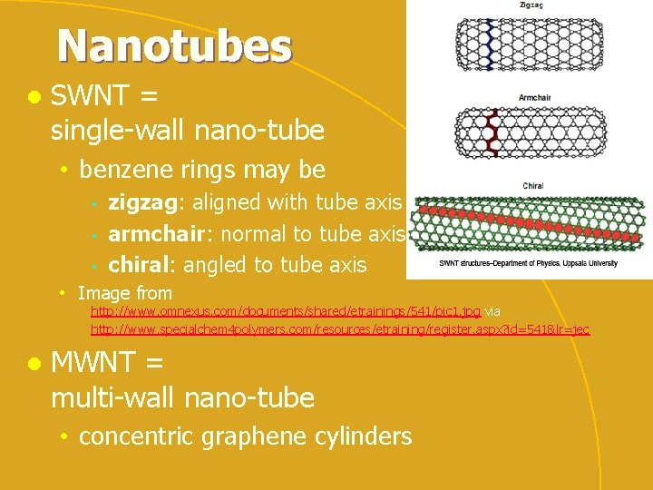 Nanotubes l SWNT = single-wall nano-tube • benzene rings may be • • •