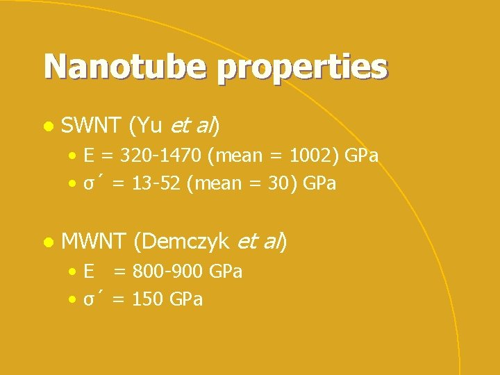 Nanotube properties l SWNT (Yu et al) • E = 320 -1470 (mean =