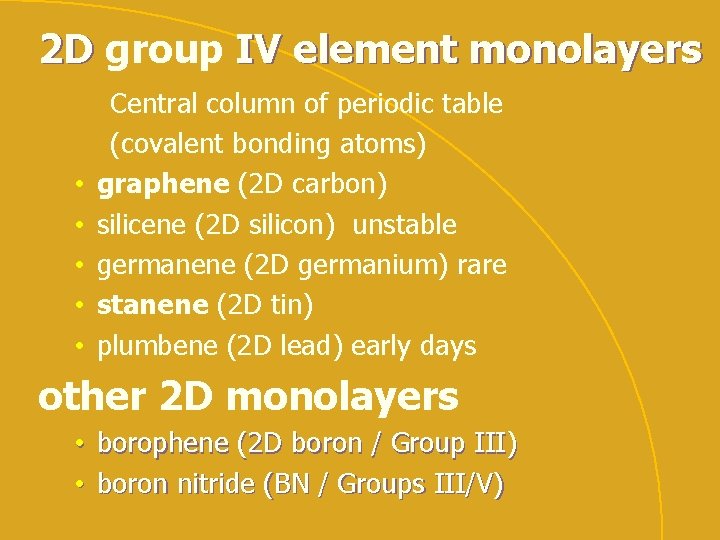2 D group IV element monolayers • • • Central column of periodic table