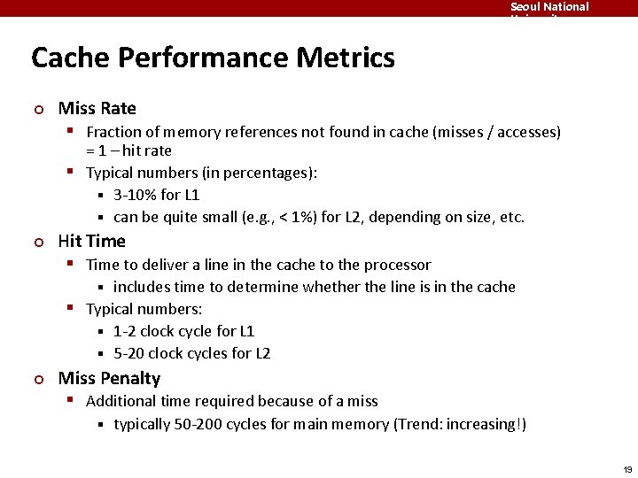 Seoul National University Cache Performance Metrics ¢ Miss Rate § Fraction of memory references