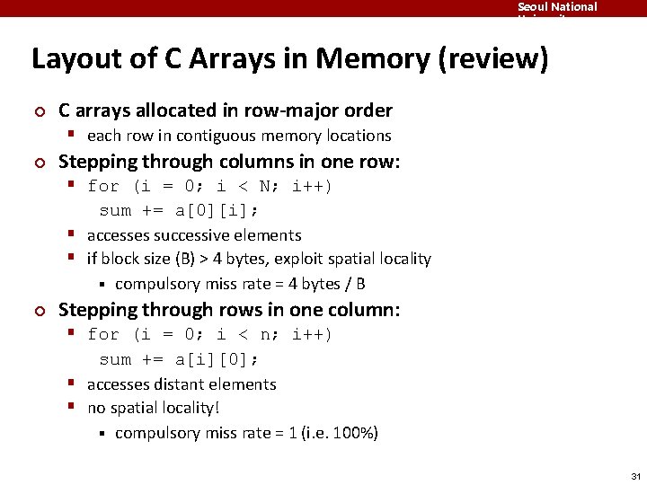 Seoul National University Layout of C Arrays in Memory (review) ¢ C arrays allocated