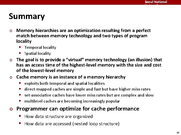 Seoul National University Summary ¢ ¢ Memory hierarchies are an optimization resulting from a