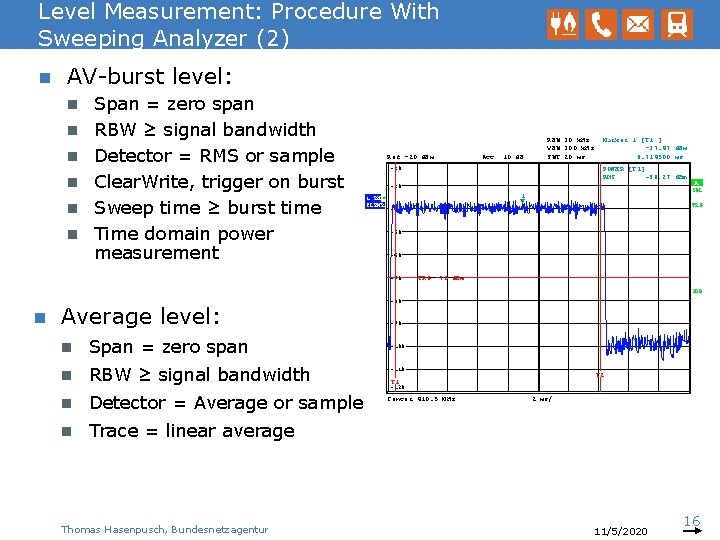 Level Measurement: Procedure With Sweeping Analyzer (2) n AV-burst level: n n n Span