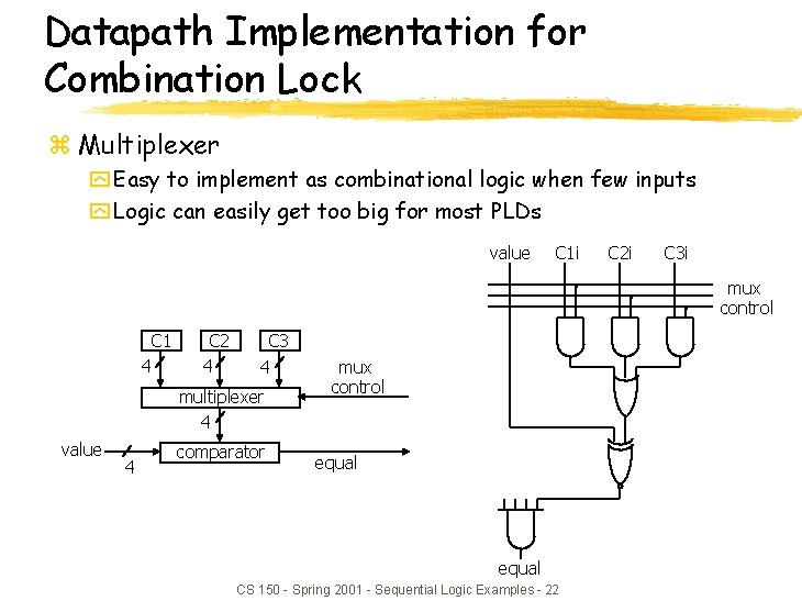 Datapath Implementation for Combination Lock z Multiplexer y Easy to implement as combinational logic