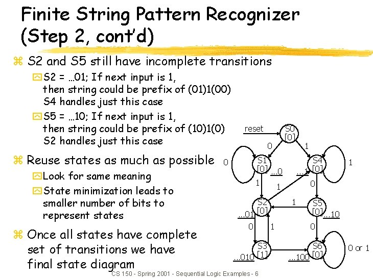 Finite String Pattern Recognizer (Step 2, cont’d) z S 2 and S 5 still