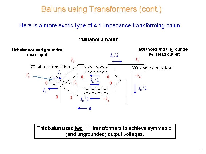 Baluns using Transformers (cont. ) Here is a more exotic type of 4: 1 Baluns using Transformers (cont. ) Here is a more exotic type of 4: 1