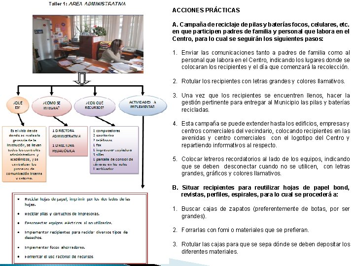 ACCIONES PRÁCTICAS A. Campaña de reciclaje de pilas y baterías focos, celulares, etc. en