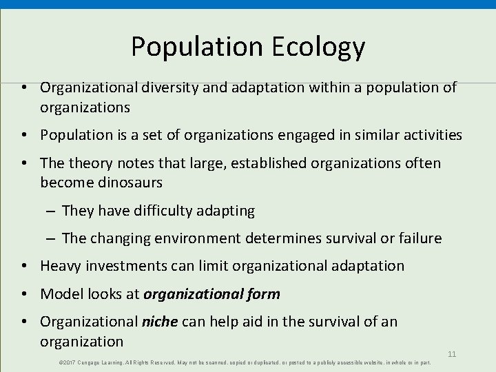 Population Ecology • Organizational diversity and adaptation within a population of organizations • Population