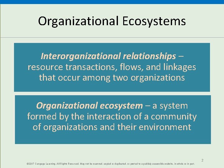 Organizational Ecosystems Interorganizational relationships – resource transactions, flows, and linkages that occur among two