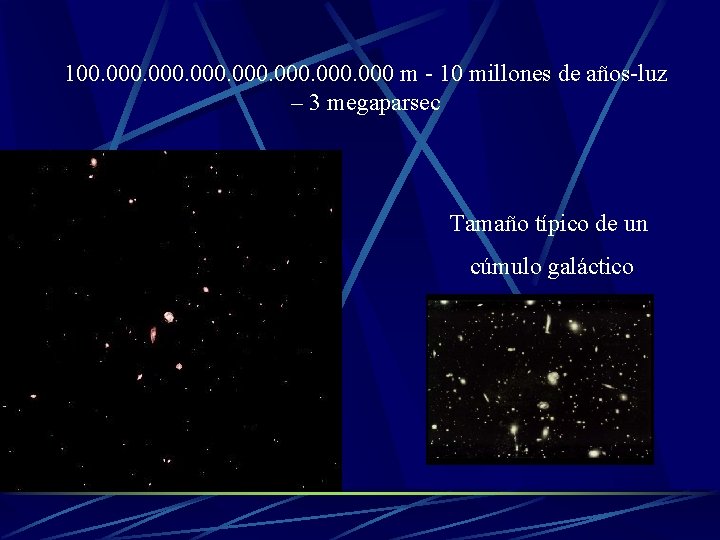 100. 000 m - 10 millones de años-luz – 3 megaparsec Tamaño típico de