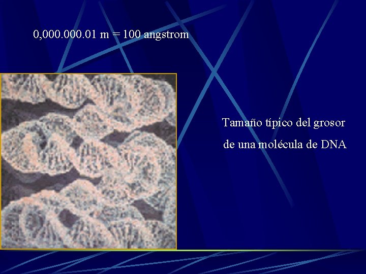 0, 000. 01 m = 100 angstrom Tamaño típico del grosor de una molécula