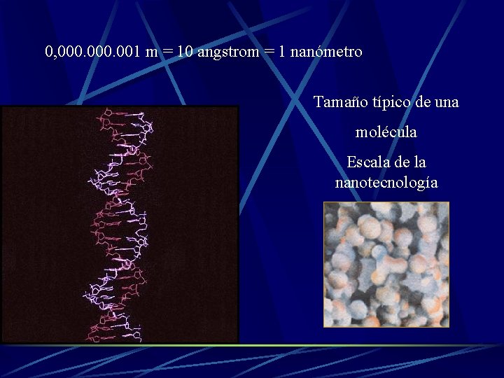 0, 000. 001 m = 10 angstrom = 1 nanómetro Tamaño típico de una