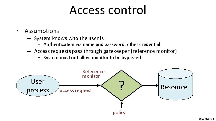 Access control • Assumptions – System knows who the user is • Authentication via