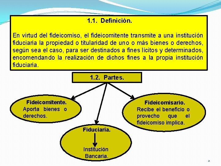 1. 1. Definición. En virtud del fideicomiso, el fideicomitente transmite a una institución fiduciaria