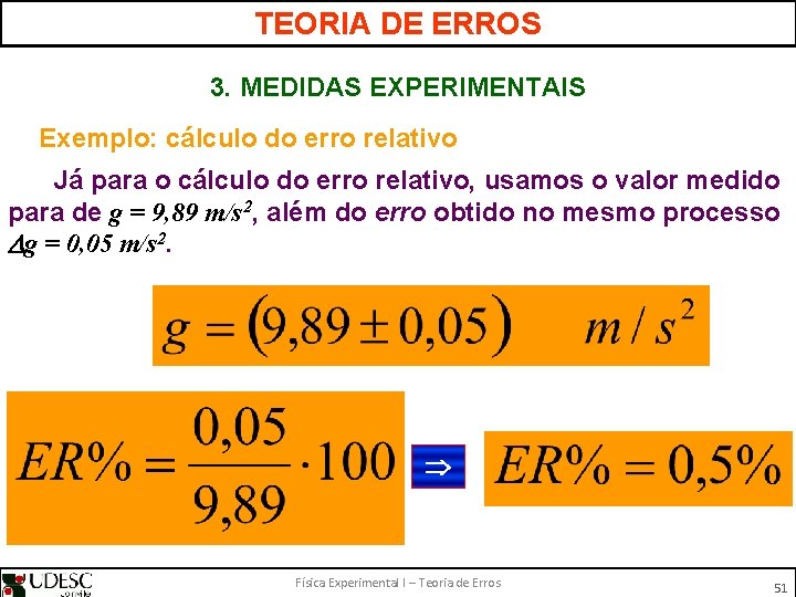 TEORIA DE ERROS 3. MEDIDAS EXPERIMENTAIS Exemplo: cálculo do erro relativo Já para o