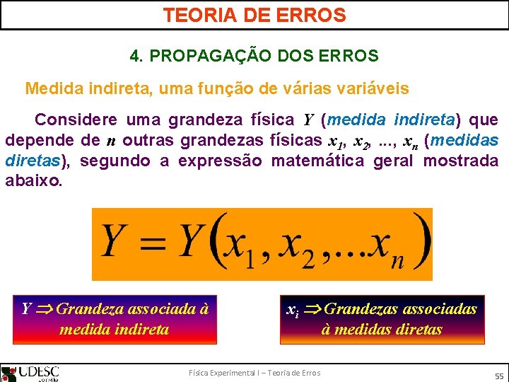 TEORIA DE ERROS 4. PROPAGAÇÃO DOS ERROS Medida indireta, uma função de várias variáveis