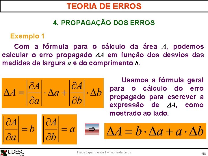 TEORIA DE ERROS 4. PROPAGAÇÃO DOS ERROS Exemplo 1 Com a fórmula para o