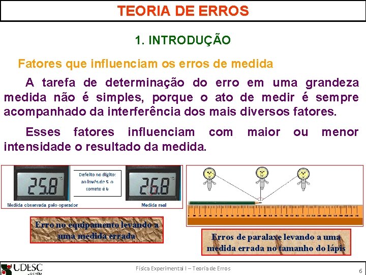 TEORIA DE ERROS 1. INTRODUÇÃO Fatores que influenciam os erros de medida A tarefa