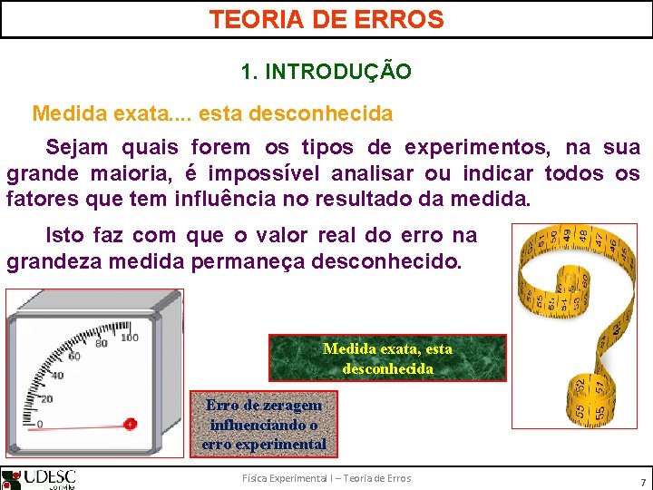 TEORIA DE ERROS 1. INTRODUÇÃO Medida exata. . esta desconhecida Sejam quais forem os