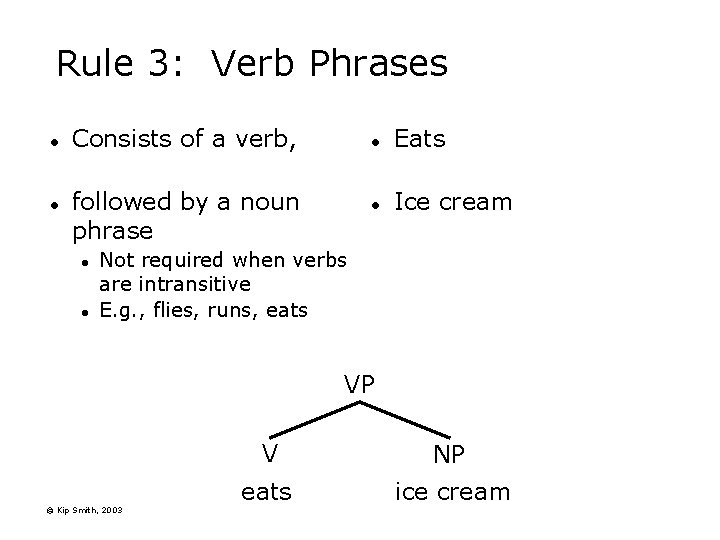 Rule 3: Verb Phrases l l Consists of a verb, followed by a noun