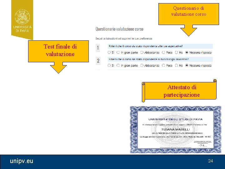 Questionario di valutazione corso Test finale di valutazione Attestato di partecipazione unipv. eu 24