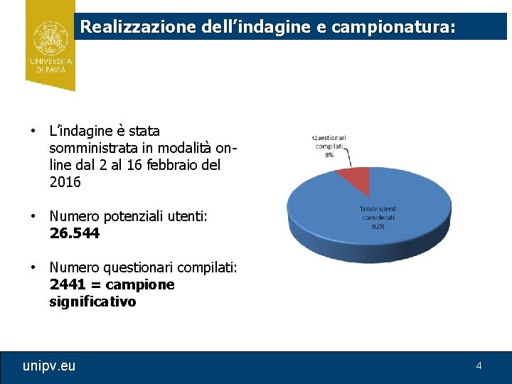 Realizzazione dell’indagine e campionatura: • L’indagine è stata somministrata in modalità online dal 2