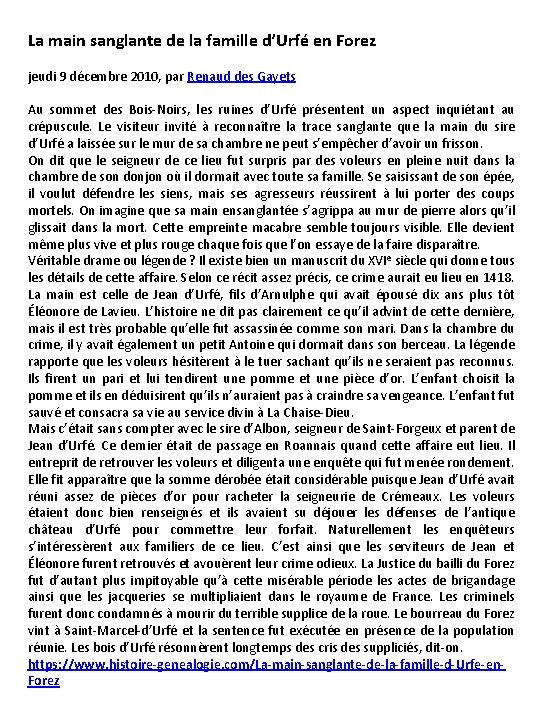 La main sanglante de la famille d’Urfé en Forez jeudi 9 décembre 2010, par