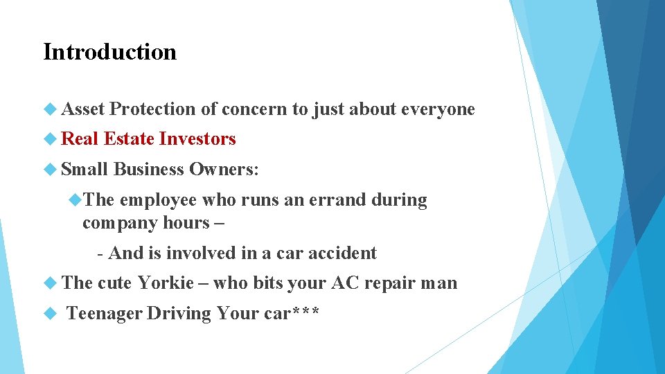 Introduction Asset Protection of concern to just about everyone Real Estate Investors Small Business Introduction Asset Protection of concern to just about everyone Real Estate Investors Small Business