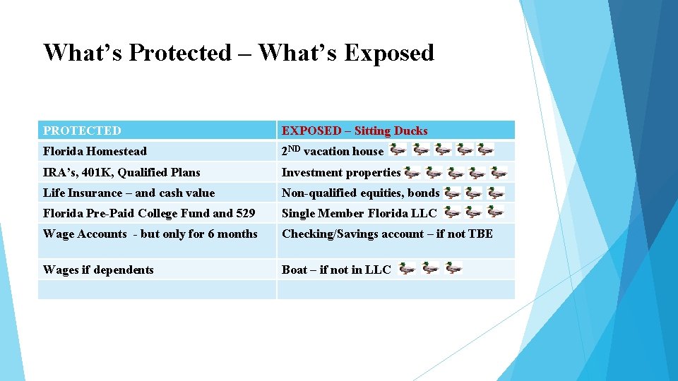 What’s Protected – What’s Exposed PROTECTED EXPOSED – Sitting Ducks Florida Homestead 2 ND What’s Protected – What’s Exposed PROTECTED EXPOSED – Sitting Ducks Florida Homestead 2 ND