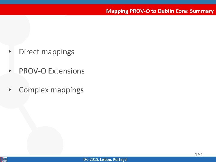 Mapping PROV-O to Dublin Core: Summary • Direct mappings • PROV‐O Extensions • Complex