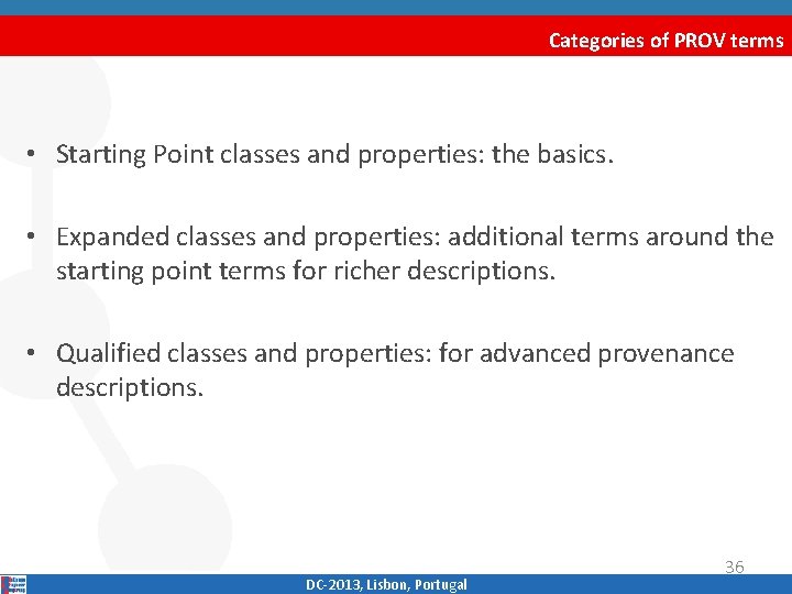 Categories of PROV terms • Starting Point classes and properties: the basics. • Expanded